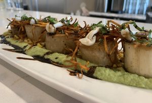 These Trumpet Mushroom “Scallops” are so flavorful and delicious! Edamame puree, fried sweet potatoes, roasted corn, picked enoki mushrooms, shiso, balsamic glaze (V)
 at Cafe Coeur in Creve Coeur
