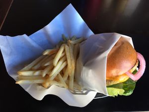 Chickpea burger with side of fries at Chip's Loft in Footscray