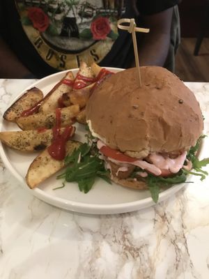 Sweet potato burger & wedges  at VeganE & Saint Vegan in South West London