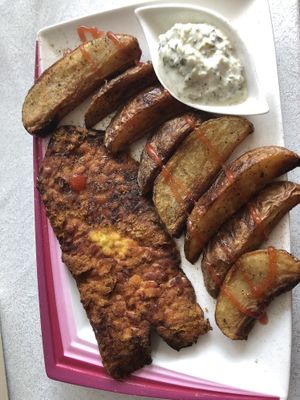 Tempeh ‘fish’ with tartare sauce and chunky skin on wedges at VeganE & Saint Vegan in South West London