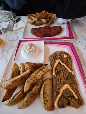 "Fish" n chips, "Steak" n chips at VeganE & Saint Vegan in South West London
