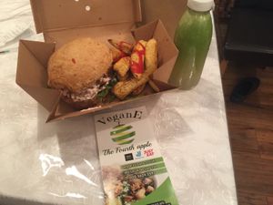 Wow, Amazing Heavenly Divine Chickenish Burger along with Ginger, Celery and Lemon Fresh Juice Drink  at VeganE & Saint Vegan in South West London