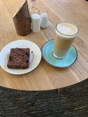 Vegan brownie and oat latte  at National Botanic Garden of Wales in Llanarthne