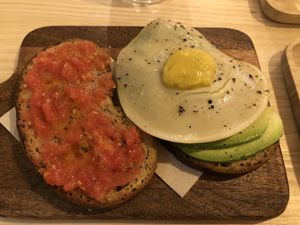 Fried vegan egg toast with avocado at Mukka Coffee in Mallorca