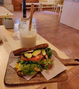 "chicken"  bocadillo and banana shake at Mukka Coffee in Mallorca
