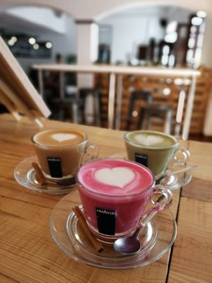 beetroot coffee, matcha cortado and cortado at Abigail's Cafe in Lagos