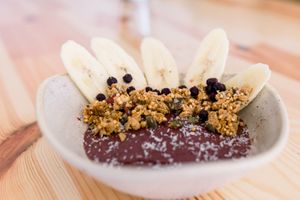 Vegan & Gluten Free Bom Dia Acaí Smoothie Bowl with our gluten free Granola & fresh fruit.  at Abigail's Cafe in Lagos