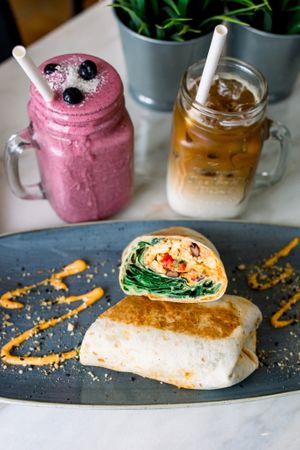 The "Off The Beach" Menu with Iced latte, Smoothie & Breakfast Burrito at Abigail's Cafe in Lagos