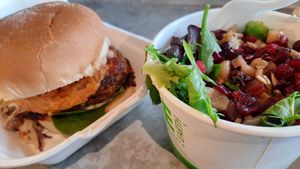 Volcano burger and harvest side salad. at Dirt Burger in Des Moines