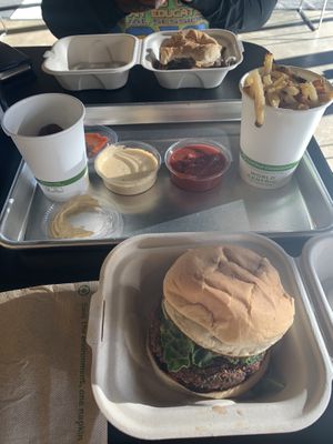 Spartan, nearest, and the Magic Mushroom, far-side, with fries and dirt balls in the middle at Dirt Burger in Des Moines