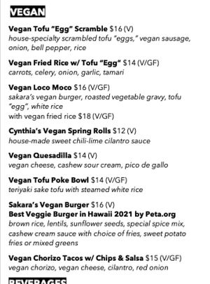 Vegan menu  at Barefoot Beach Cafe in Honolulu