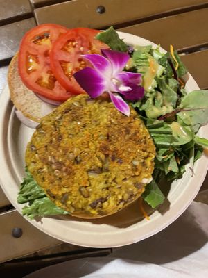 The burger looks pretty but I would skip it    at Barefoot Beach Cafe in Honolulu