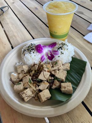 Vegan Tofu Poke “Bowl” and Passion Fruit Smoothie  at Barefoot Beach Cafe in Honolulu