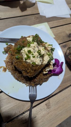 Vegan loco moco burger with fried rice at Barefoot Beach Cafe in Honolulu