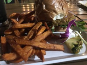 Vegan burger with yam fries at Barefoot Beach Cafe in Honolulu