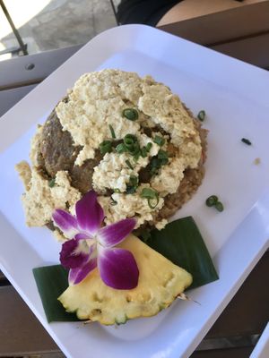 Vegan loco moco with fried rice  at Barefoot Beach Cafe in Honolulu