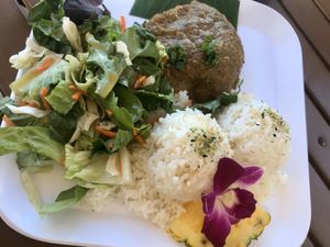 Vegan steak plate  at Barefoot Beach Cafe in Honolulu