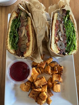 Nobl Burger w/ Sweet Potatoes and beet dip at Delicious Raw Kitchen and Juice Bar in Miami Beach
