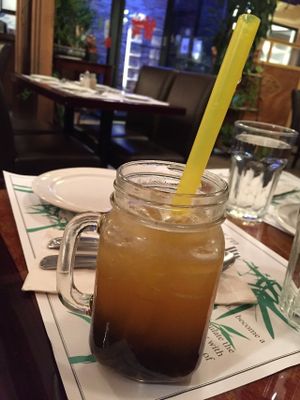 Bubble tea served in a mason jar. An odd presentation choice, but it was very good. at Veggie Heaven in Denville