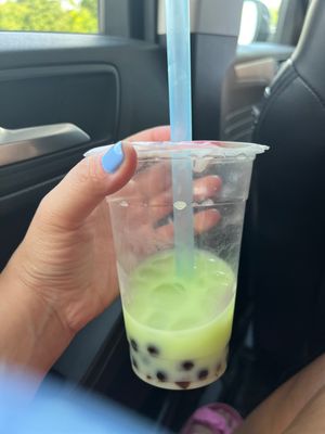 Honeydew bubble drink - tapioca is a bit more chewy& a bit less soft than I am used to  at Veggie Heaven in Denville