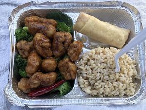 General Tso Veggie Ball lunch, with brown rice and spring roll. Weird texture, and okay flavor. Overall, 3/5 at Veggie Heaven in Denville