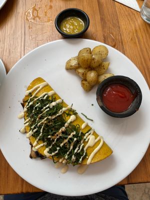 Mushroom omelette  at The Pitted Date in Tulum