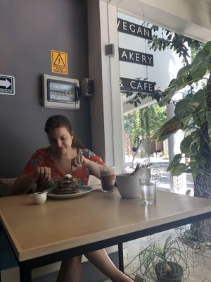Vegan pancakes and Frappuccino  at The Pitted Date in Tulum