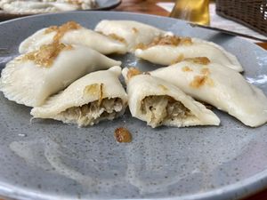 Cabbage and mushroom pierogis. 25 zł at Gospoda pod Żubrem in Bialowieza