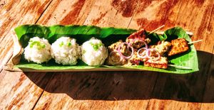 Tempeh-saté with rice at FYM in Siem Reap