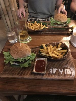 Vegan Mexican burger with chips at FYM in Siem Reap