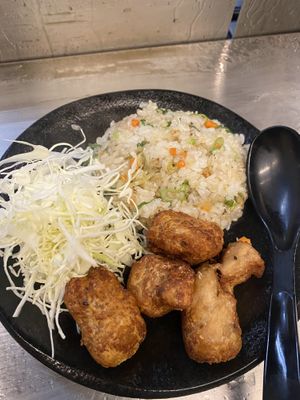 Vegan karage and fried rice   at Menbaka Fire Ramen めん馬鹿 in Kyoto
