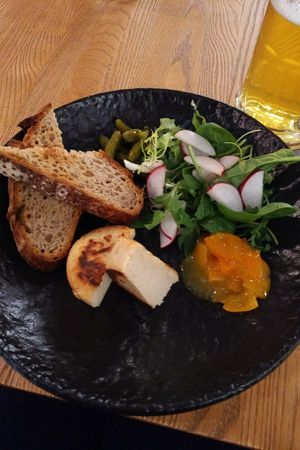 Baked Cashew Cheese with Bread. Vegan. CZK 165 at Spojka Karlin in Prague