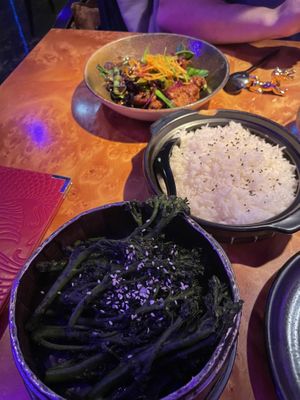 Tenderstem broccoli (bottom) and vegan chicken black bean dish (top)  at Tattu in Birmingham