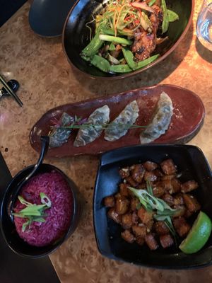 Vegan mock chicken meat and candy rice vegan   at Tattu in Manchester