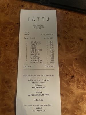 Receipt (items we did not like removed from bill)   at Tattu in Manchester