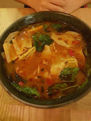 Spicy soup with wonton dumplings at Mist in Prague