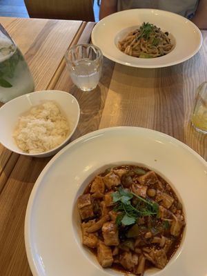 Udon noodles and tofu dish at Mist in Prague