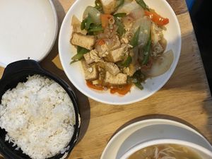 fried tofu on chilli and lemongrass, steamed rice  at Sapa Classic Vegan in Sapa