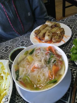 Noodle soup and spring rolls at Sapa Classic Vegan in Sapa