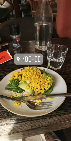 Scrambled tofu on toast with spinach, avocado and cheeze! at Koo-ee Cafe in Glasgow
