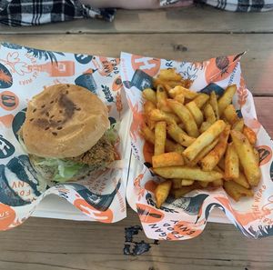 Spicy chicken burger and seasoned fries  at Herbivorous in Sheffield