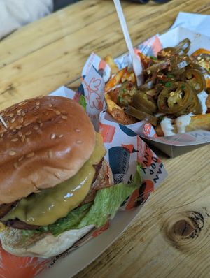 The Big Kahuna burger and Spicy Loaded Fries at Herbivorous in Sheffield