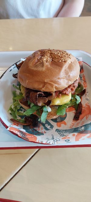 Double cheese burger with "bacon" at Herbivorous in Sheffield