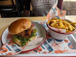 Faux chicken burger and fries at Herbivorous in Sheffield