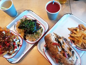Loaded fries, Mac & Cheese with ribs, Philly cheese steak with mushrooms and an extra portion of fries at Herbivorous in Sheffield