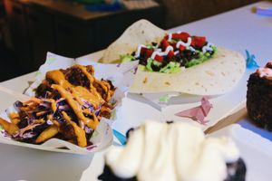 Dinosaur Chips &
Hoisin "Duck" Wrap at Herbivorous in Sheffield