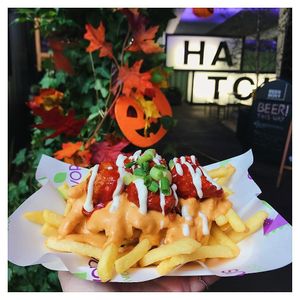 Vegan Chicken wings on Cheesy fries at Herbivorous in Sheffield