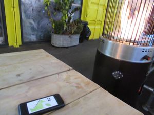 waiting by the heater at Herbivorous in Sheffield