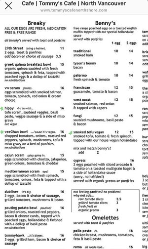 Breakfast Menu at Tommy's Cafe in North Vancouver