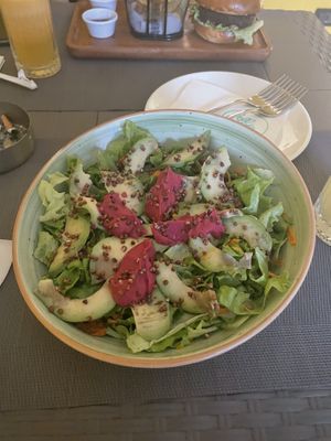 Really nice Buddha Bowl ❤️ my brother had mushrooms burger and fries   at Gjelber in Tirana